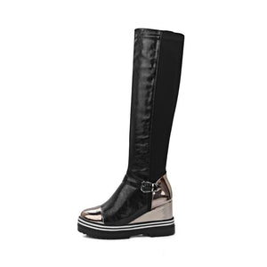 Black platform knee-high boots