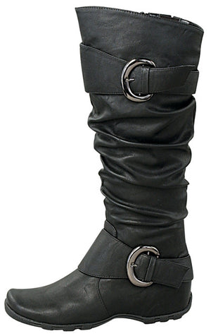 Black Knee-High Flat Boots With Buckles - LABELSHOES