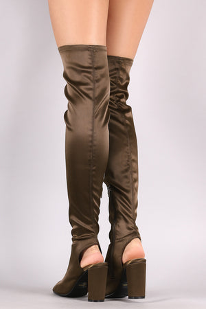 Qupid Satin Peep Toe Chunky Heeled Over-The-Knee Boots - LABELSHOES