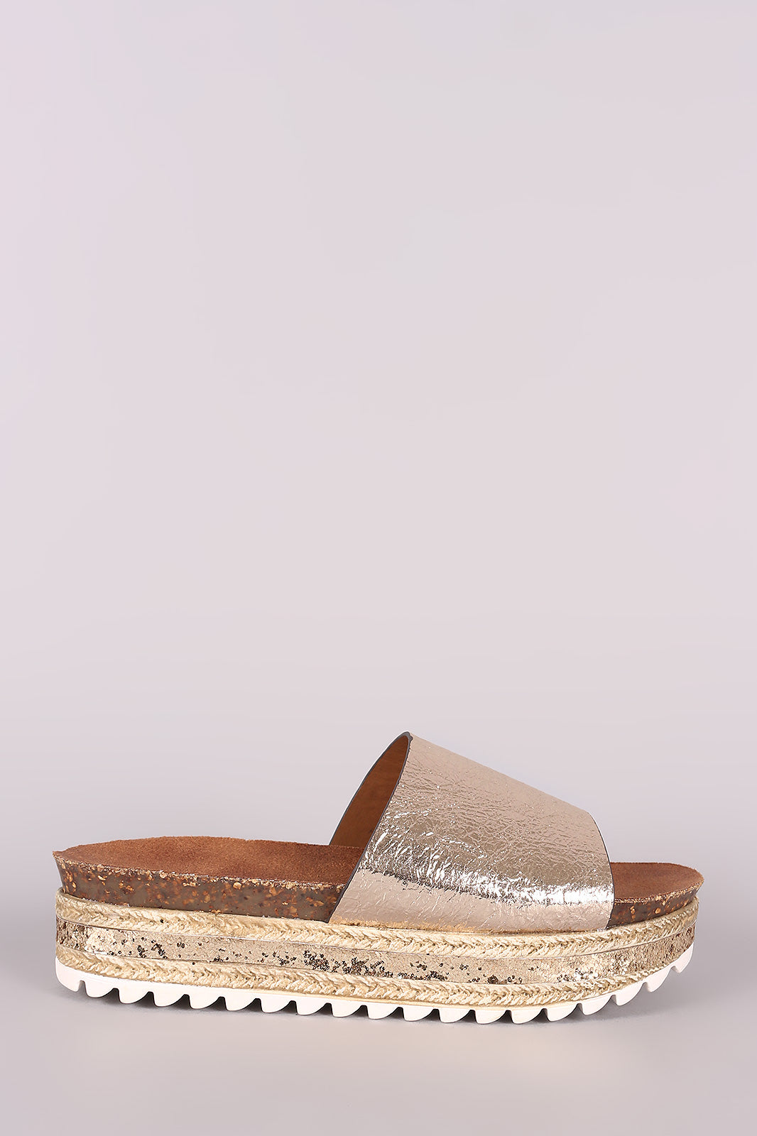 Bamboo Metallic Glitter Espadrille Trim Flatform Slide Sandal - LABELSHOES