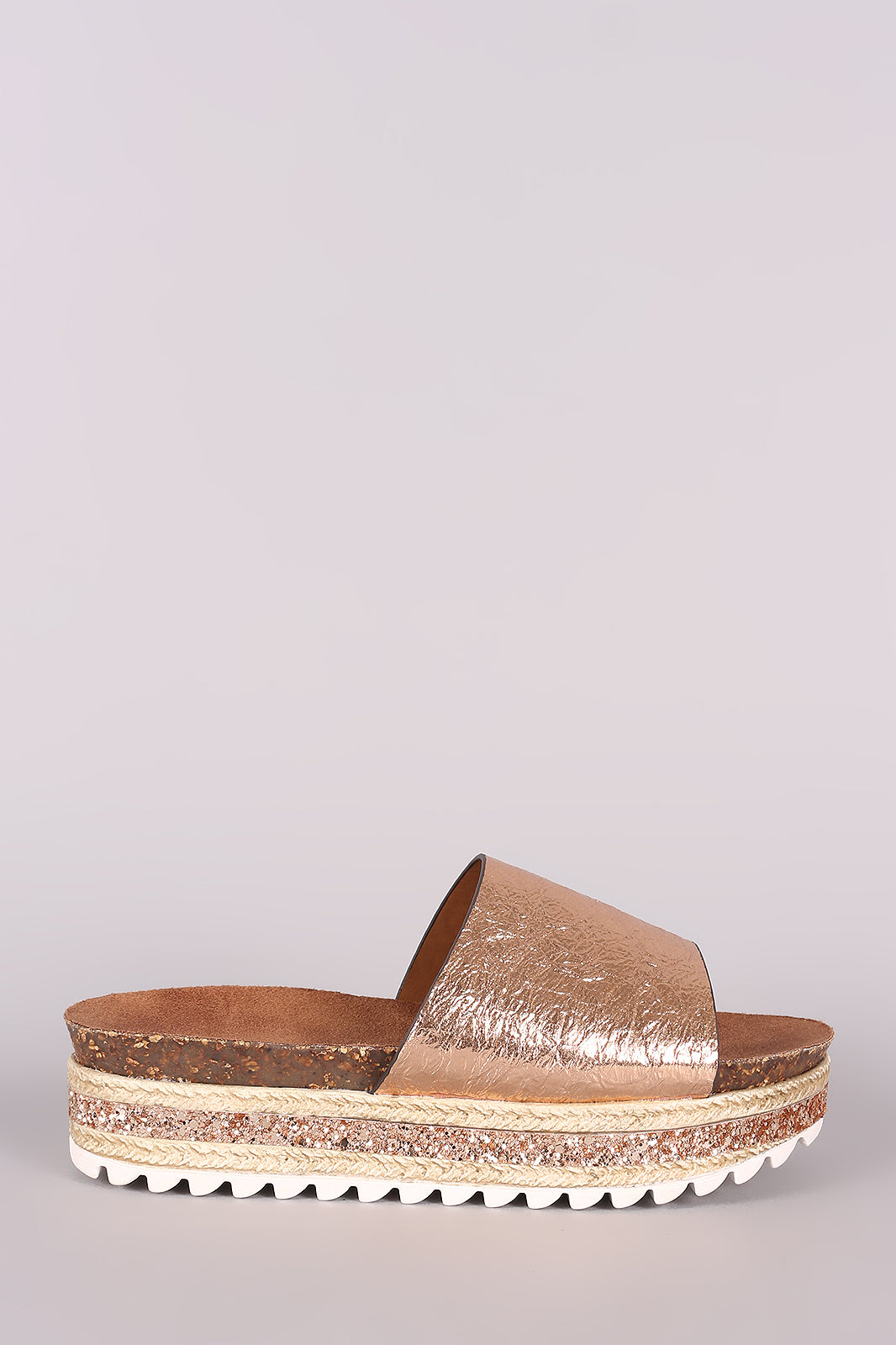 Bamboo Metallic Glitter Espadrille Trim Flatform Slide Sandal - LABELSHOES