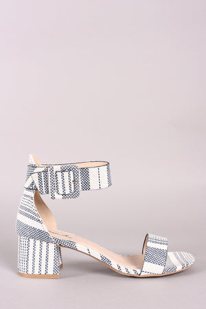 Qupid Striped Weaved Ankle Strap Low Block Heel - LABELSHOES