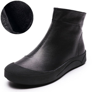 Black leather flat ankle boots with fur