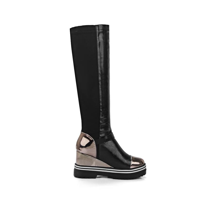 Grey metallic platform knee-high boots