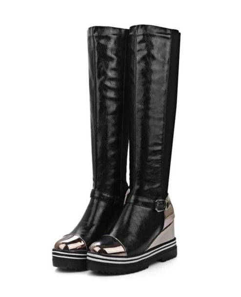 Black platform knee-high boots